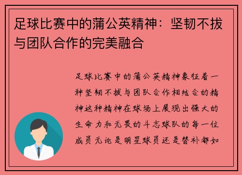 足球比赛中的蒲公英精神：坚韧不拔与团队合作的完美融合